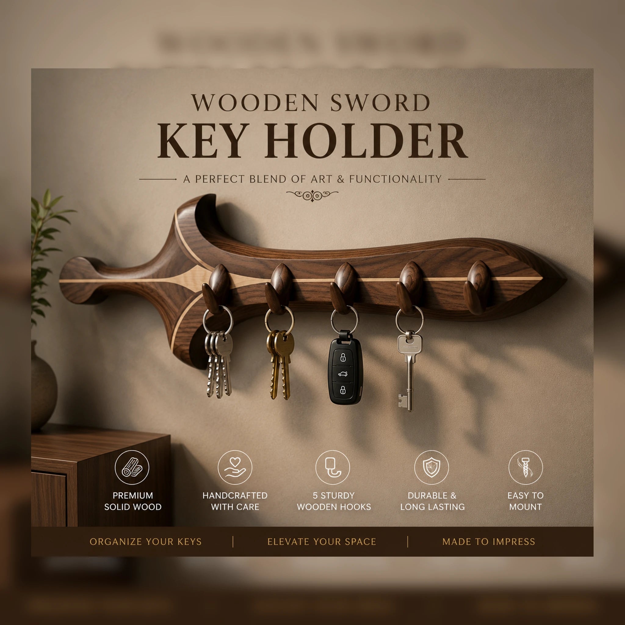 Wooden Sword Key Holder